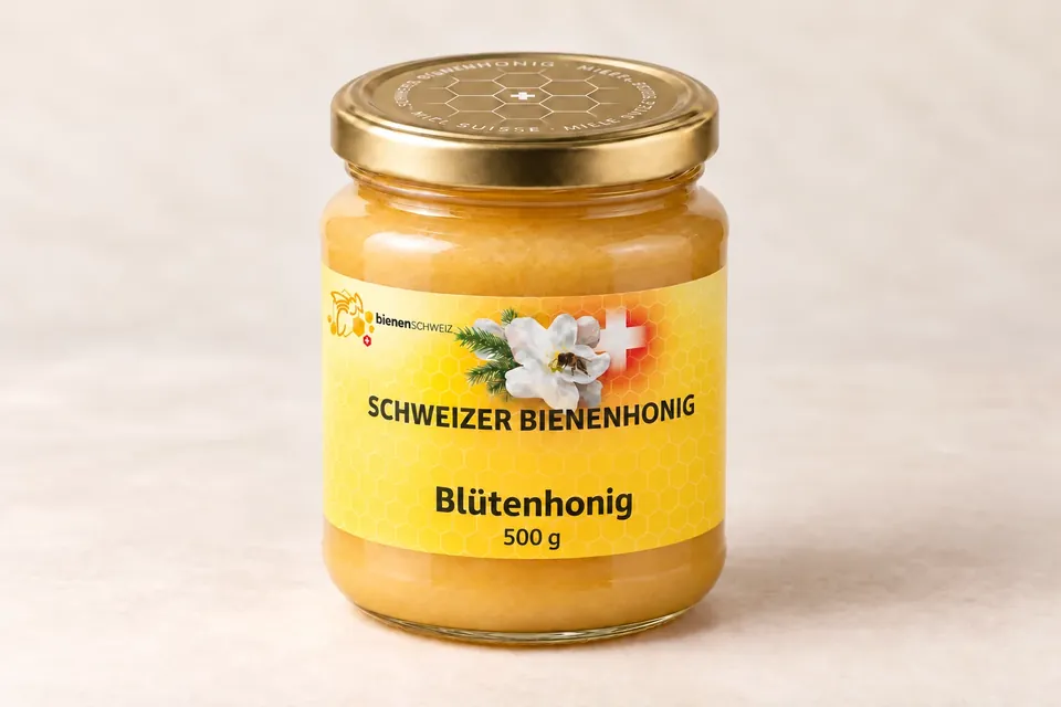 Blütenhonig im 500-g-Glas mit Apfelblüten-Etikette und goldenem Wabendeckel