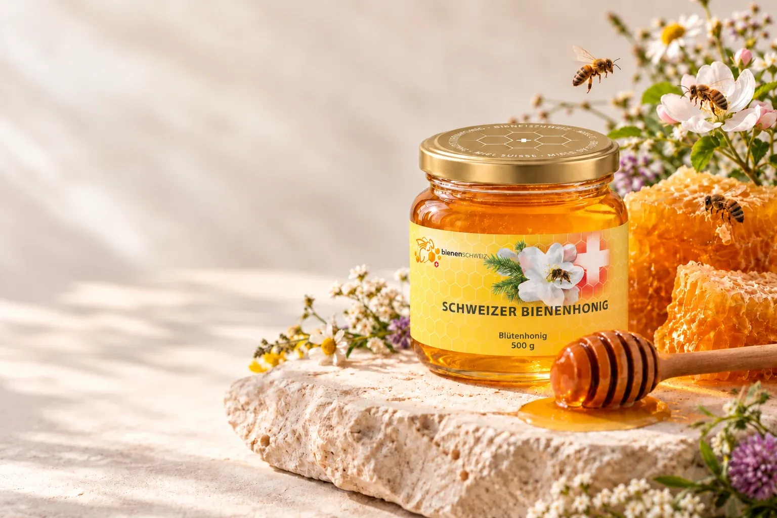 Honigglas mit Apfelblüten-Etikette, goldenem Wabendeckel und Honigbienen bei den Blüten und Waben