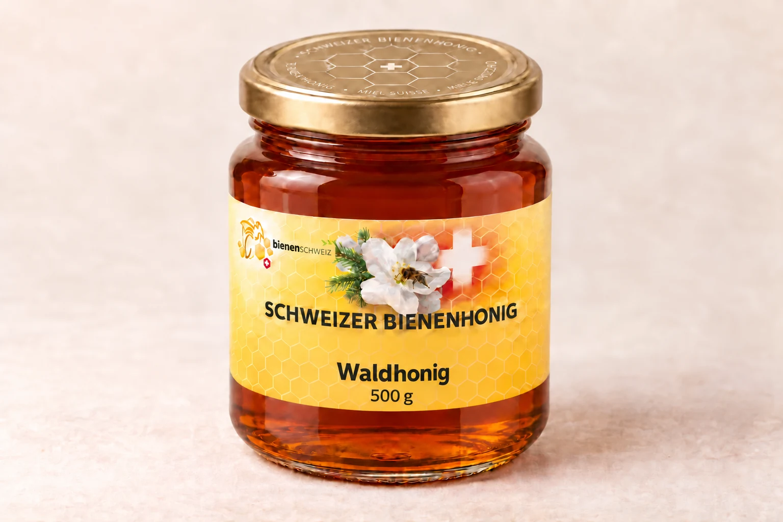 Waldhonig im 500-g-Glas mit Apfelblüten-Etikette und goldenem Wabendeckel