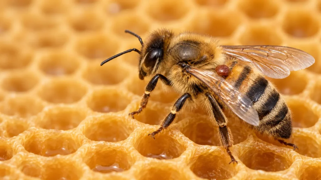 Varroamilbe auf einer Honigbiene